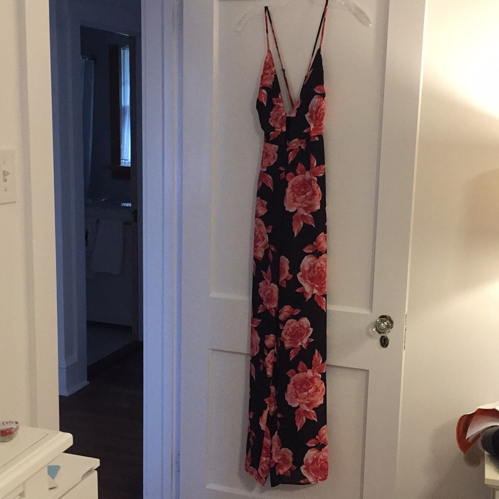 WideLeg Floral CrossBack Plunge Neckline Jumpsuit